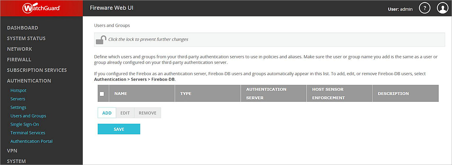Screen shot of the Authentication Users and Groups page